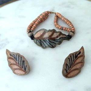 Vintage Pair Botanical Leaf Bracelet and Clip-on Earrings